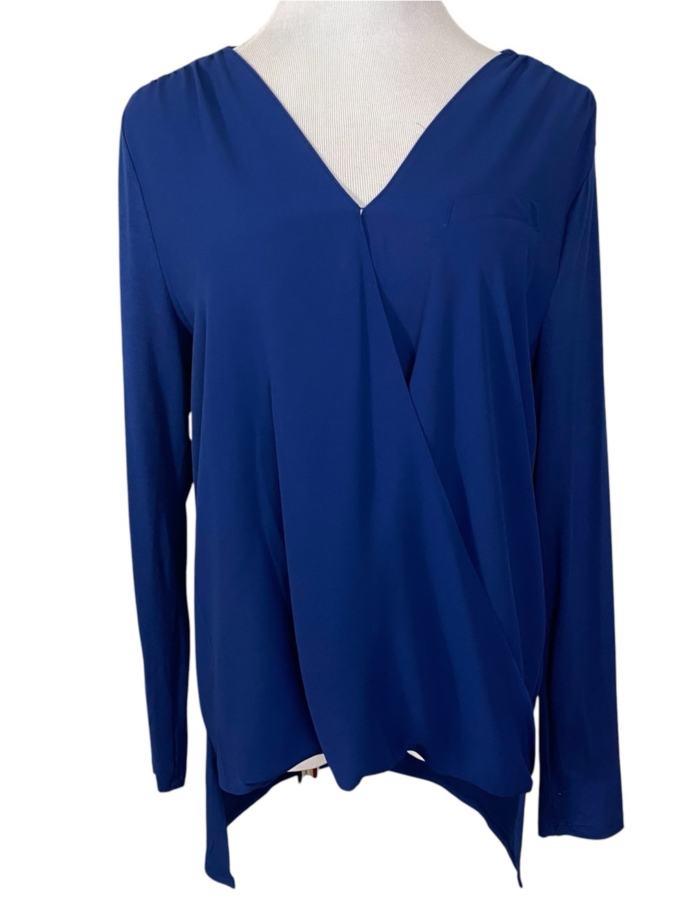 Vince Camuto Womens Draped Blouse Size Large V Neck Surplice Blue Mixed Fabric